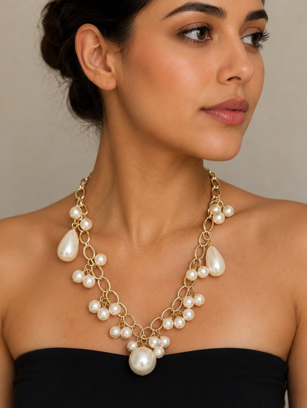 Goldtone Faux Pearl Bauble Cha Cha Bridal Necklace